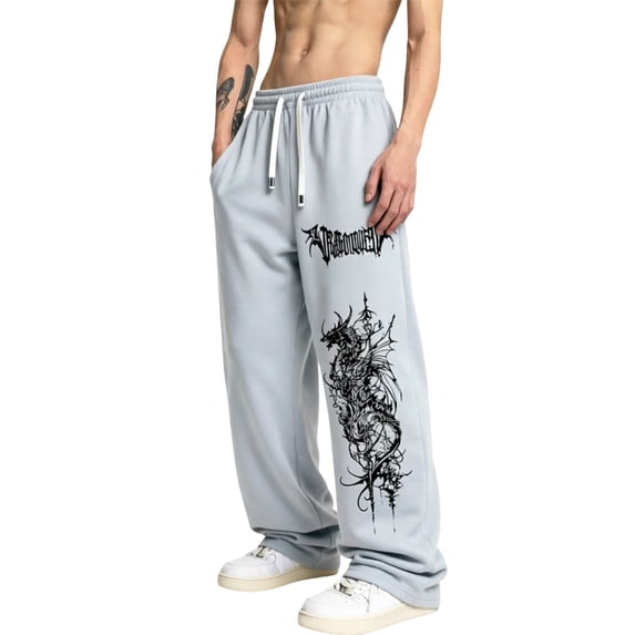 CONZONE Men's Baggy Sweatpants Gothic Wide Leg Sweat Pants for Men Trendy Elastic Waist Graphic Y2K Streetwear Joggers Pant With Pockets