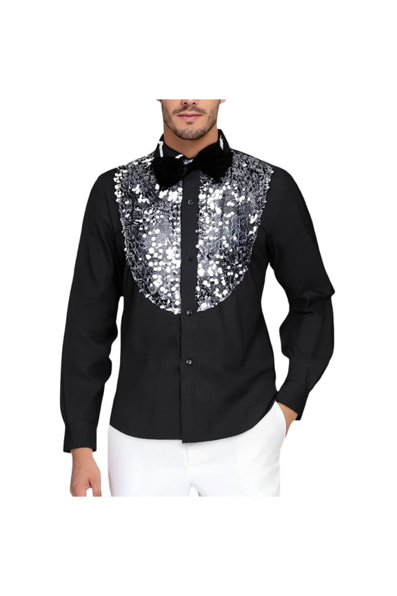 Men's Buttons Down Sequins Shirts Long Sleeve Shirts For Men Trendy Sparkling Lapel Stage Performance Tops