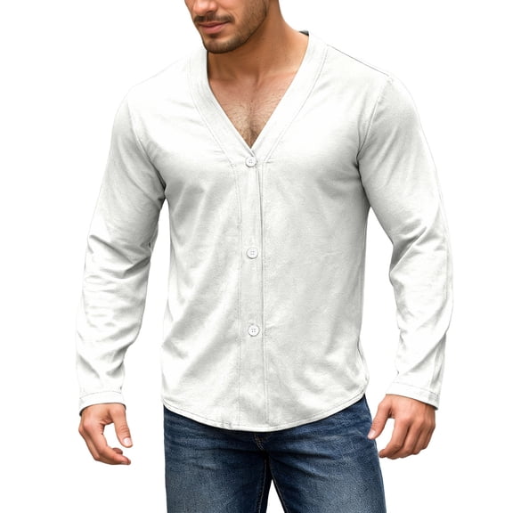 CONZONE Men's Buttons Down Shirts Long Sleeve Linen Shirts For Men Solid Color V Neck Soft Lightweight Tops