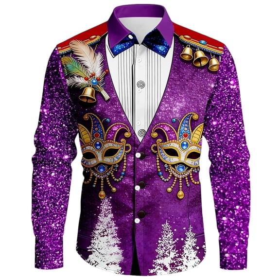 CONZONE Men's Buttons Down Shirts Long Sleeve Mardi Gras Shirts For Men Trendy Carnival Graphic Lapel Soft Lightweight Tops