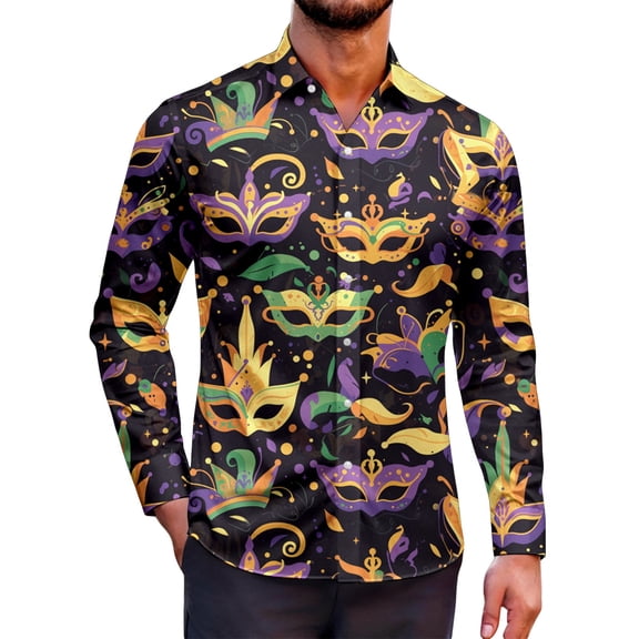 CONZONE Men's Buttons Down Shirts Long Sleeve Mardi Gras Shirts For Men Trendy Carnival Graphic Lapel Soft Lightweight Tops