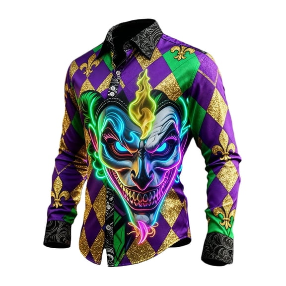 CONZONE Men's Buttons Down Shirts Long Sleeve Mardi Gras Shirts For Men Trendy Carnival Skeleton Graphic Lapel Soft Lightweight Tops