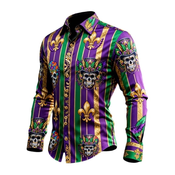 CONZONE Men's Buttons Down Shirts Long Sleeve Mardi Gras Shirts For Men Trendy Carnival Skeleton Graphic Lapel Soft Lightweight Tops