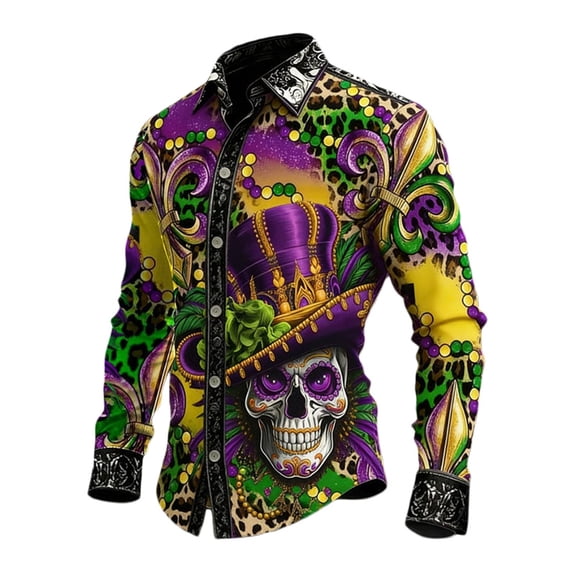 CONZONE Men's Buttons Down Shirts Long Sleeve Mardi Gras Shirts For Men Trendy Carnival Skeleton Graphic Lapel Soft Lightweight Tops