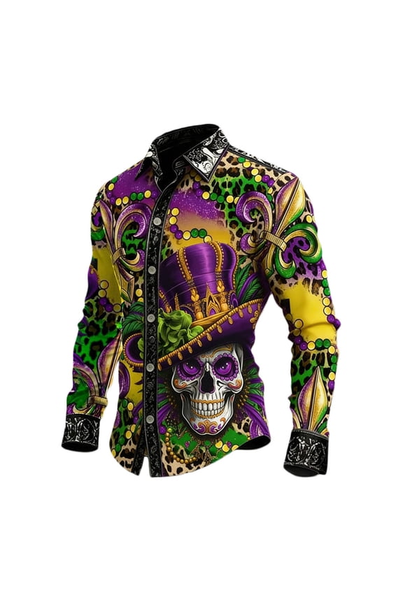 Men's Buttons Down Shirts Long Sleeve Mardi Gras Shirts For Men Trendy Carnival Skeleton Graphic Lapel Soft Lightweight Tops