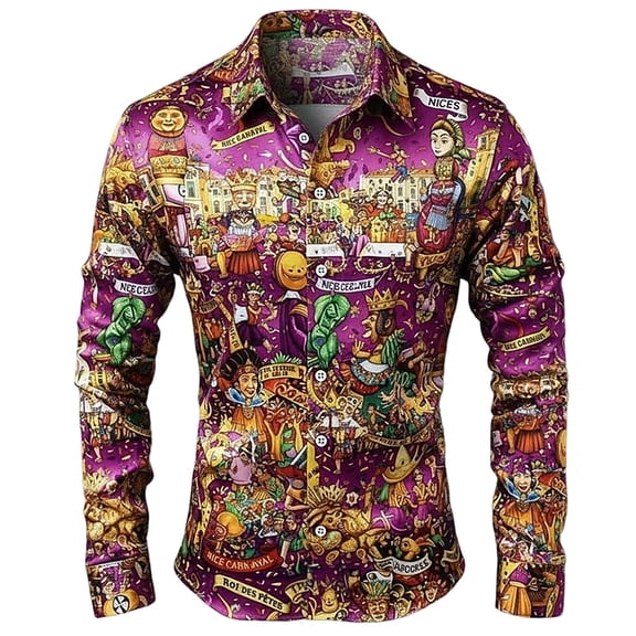 CONZONE Men's Buttons Down Shirts Long Sleeve Shirts For Men Trendy Carnival Colorful Graphic Lapel Soft Lightweight Tops