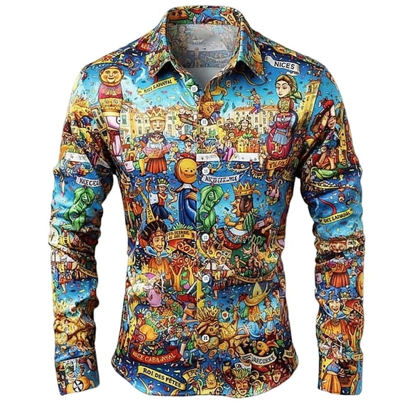 CONZONE Men's Buttons Down Shirts Long Sleeve Shirts For Men Trendy Carnival Colorful Graphic Lapel Soft Lightweight Tops