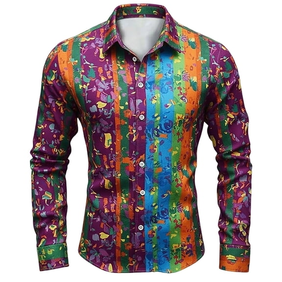 CONZONE Men's Buttons Down Shirts Long Sleeve Shirts For Men Trendy Carnival Graphic Lapel Soft Lightweight Tops
