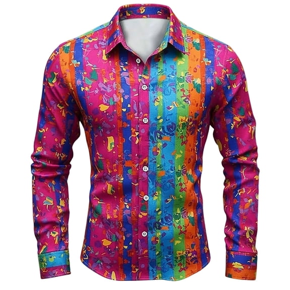 CONZONE Men's Buttons Down Shirts Long Sleeve Shirts For Men Trendy Carnival Graphic Lapel Soft Lightweight Tops