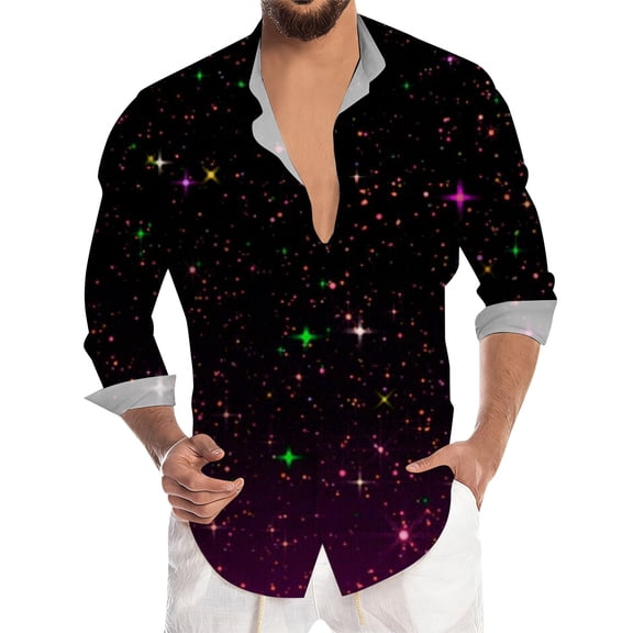 CONZONE Men's Buttons Down Shirts Long Sleeve Shirts For Men Trendy Carnival Sequins Graphic Lapel Soft Lightweight Tops