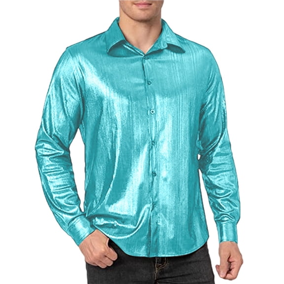 CONZONE Men's Buttons Down Shirts Long Sleeve Shirts For Men Trendy Metallic Shiny Lapel Stage Performance Tops