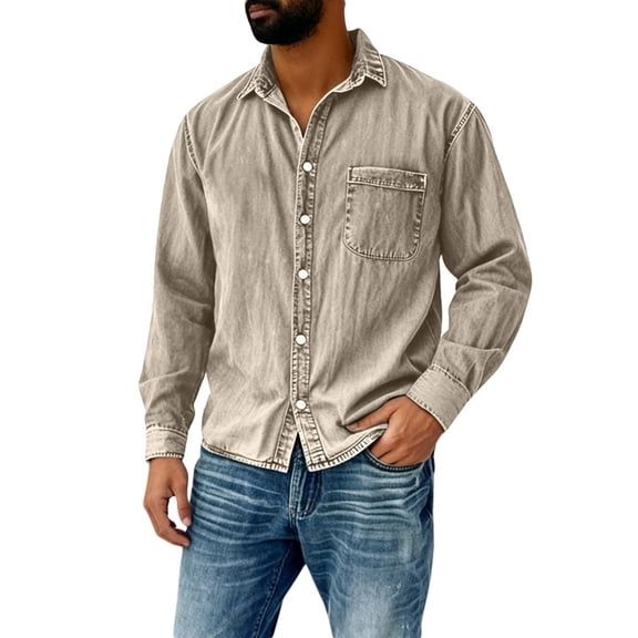 CONZONE Men's Buttons Down Shirts Long Sleeve Shirts For Men Trendy Retro Solid Color Lapel Soft Lightweight Tops