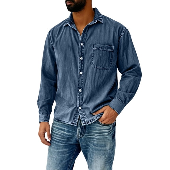 CONZONE Men's Buttons Down Shirts Long Sleeve Shirts For Men Trendy Retro Solid Color Lapel Soft Lightweight Tops