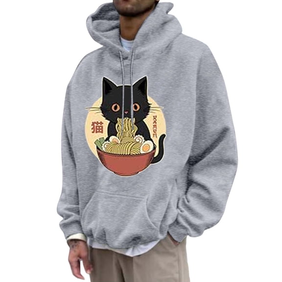 CONZONE Men's Hoodies Black Cat Graphic Hoodie For Men Long Sleeve Pullover Hooded Sweatshirt Soft Fall Winter Sweatshirts