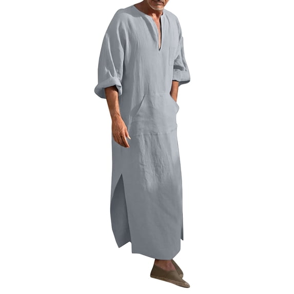 CONZONE Men's Robe Short Sleeve Arabic Africa Linen T Shirts for Men Casual V Neck Solid Color Lightweight Tees Soft Cozy Athletic Tops