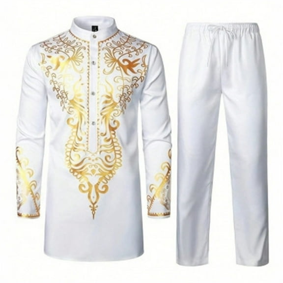 CONZONE Men's Outfit Sets Casual Ethnic Hot Gold Tops Pants Retro Suit for Men Cozy Fall Winter African Style Outfits