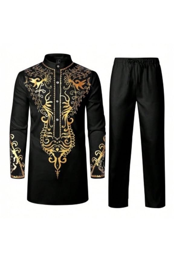 Men's Outfit Sets Casual Ethnic Hot Gold Tops Pants Retro Suit for Men Cozy Fall Winter African Style Outfits
