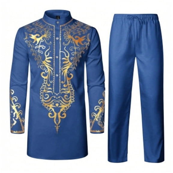 CONZONE Men's Outfit Sets Casual Ethnic Hot Gold Tops Pants Retro Suit for Men Cozy Fall Winter African Style Outfits