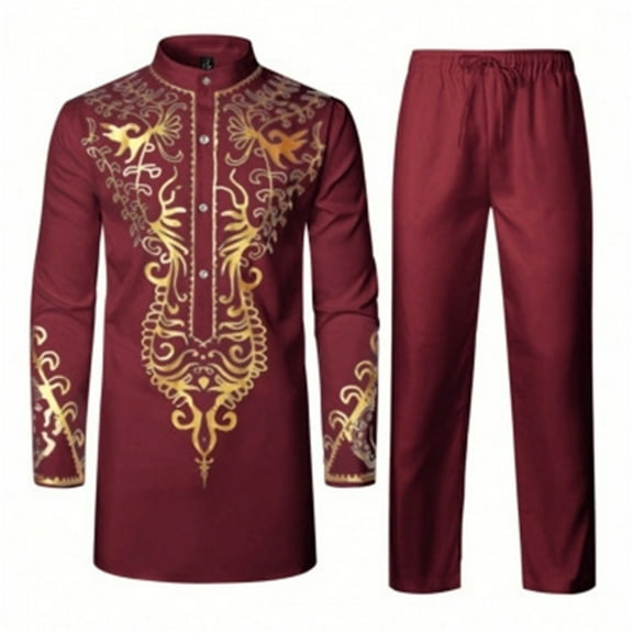 CONZONE Men's Outfit Sets Casual Ethnic Hot Gold Tops Pants Retro Suit for Men Cozy Fall Winter African Style Outfits