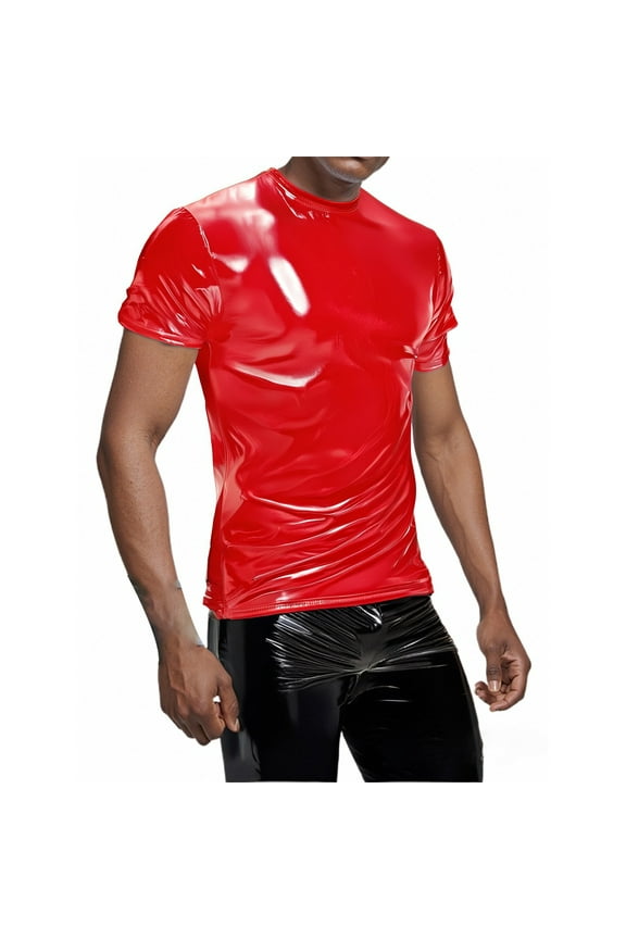 Men's Pu Leather T-Shirts Short Sleeve T Shirts for Men Casual Crew Neck Solid Color Metallic Shiny Tees Soft Cozy Streetwear Tops