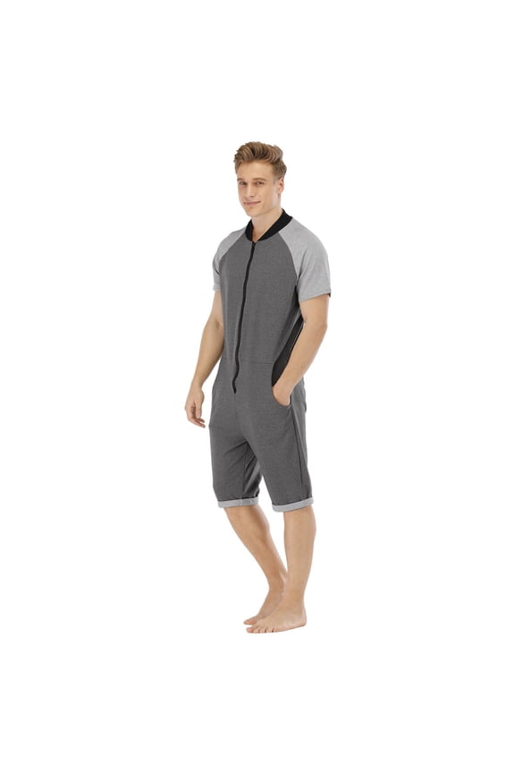 Men's Romper Short Sleeve Zip Up Short Jumpsuits Patchwork Color One Peice Bib Overalls With Pocket