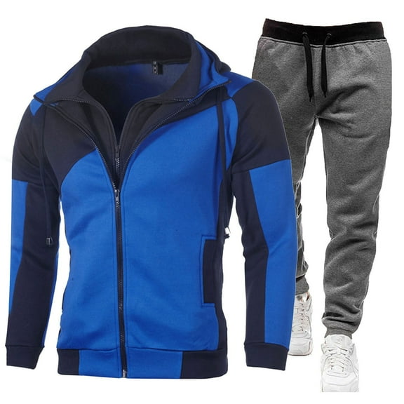 CONZONE Men's Sweatsuit 2 Piece Sets Casual Men's Jogging Tracksuit Set Patchwork Color Zip Cardigan Jacket Pants Thick Sweat Suit for Men Warm Fall Winter Athletic Track Suit Outfits