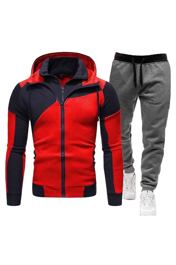 Men's Sweatsuit 2 Piece Sets Casual Men's Jogging Tracksuit Set Patchwork Color Zip Cardigan Jacket Pants Thick Sweat Suit for Men Warm Fall Winter Athletic Track Suit Outfits