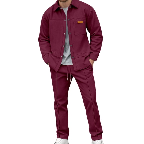 CONZONE Men's Tracksuit Sets Casual 2 Peice Sweatsuit Set for Men Solid Color Buttons Jacket Pants Cozy Fall Winter Athletic Jogging Outfits