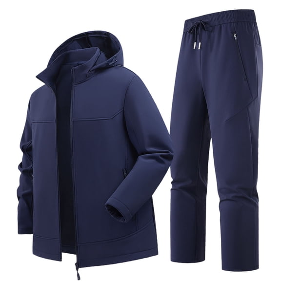 CONZONE Men's Tracksuit Sets Windproof 2 Peice Hiking Outfits for Men Solid Color Lined Hooded Jacket Sweatpants Cozy Fall Winter Athletic Jogging Outfits