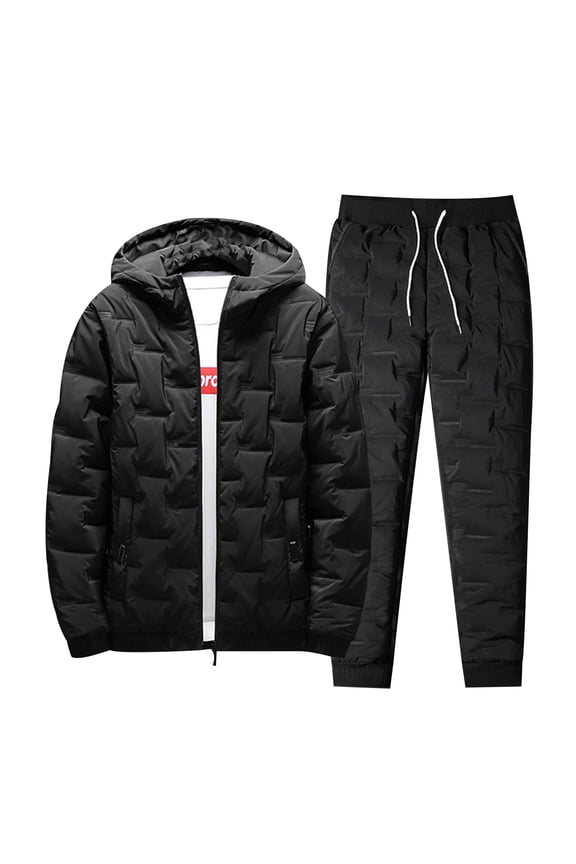 Men's Winter Outfit Set Solid Color Thick Down Jacket Pants Outfit Set for Men Warm Thermal Athletic Track Suit Outfits