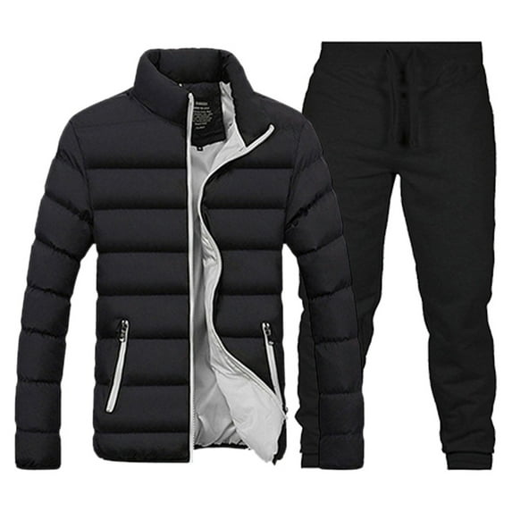CONZONE Men's Winter Outfit Set Solid Color Thick Down Jacket Pants Sweat Suit for Men Warm Thermal Athletic Track Suit Outfits