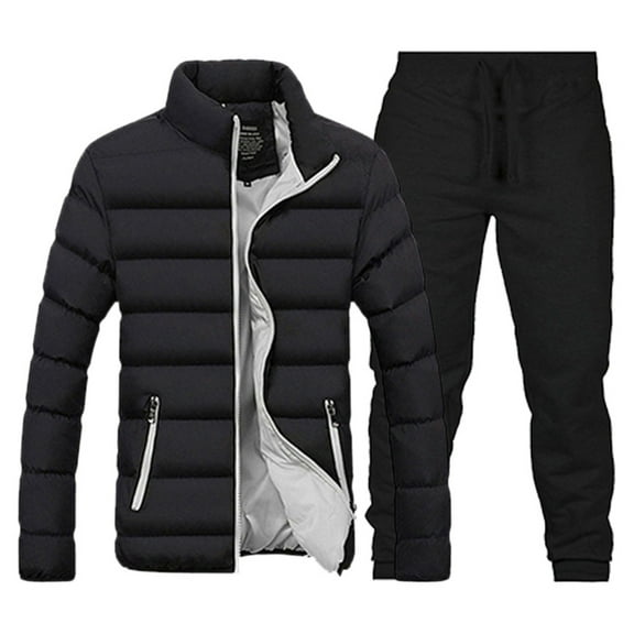 CONZONE Men's Winter Outfit Set Solid Color Thick Down Jacket Pants Sweat Suit for Men Warm Thermal Athletic Track Suit Outfits