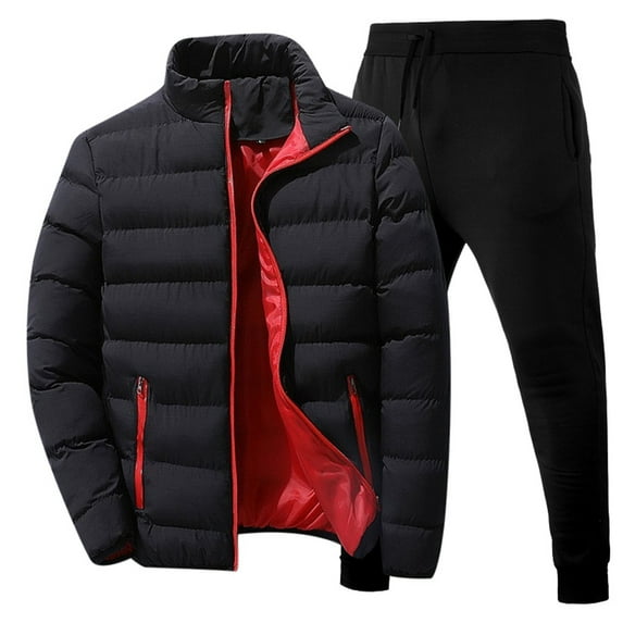 CONZONE Men's Winter Outfit Set Solid Color Thick Down Jacket Pants Sweat Suit for Men Warm Thermal Athletic Track Suit Outfits