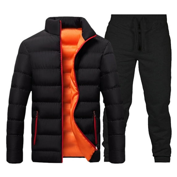CONZONE Men's Winter Outfit Set Solid Color Thick Down Jacket Pants Sweat Suit for Men Warm Thermal Athletic Track Suit Outfits