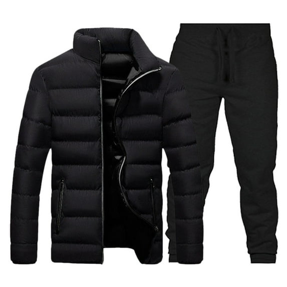 CONZONE Men's Winter Outfit Set Solid Color Thick Down Jacket Pants Sweat Suit for Men Warm Thermal Athletic Track Suit Outfits