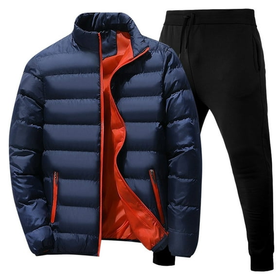 CONZONE Men's Winter Outfit Set Solid Color Thick Down Jacket Pants Sweat Suit for Men Warm Thermal Athletic Track Suit Outfits