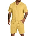 thumbnail image 1 of CONZONE Mens 2 Peice Beach Outfits Solid Color Short Sleeve Buttons Up Shirts Shorts Sets Breathable Summer Tracksuits, 1 of 7