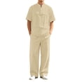 thumbnail image 1 of CONZONE Mens 2 Peice Linen Outfits Solid Color Short Sleeve Henley Shirts Pant Sets Breathable Summer Track Suits, 1 of 5