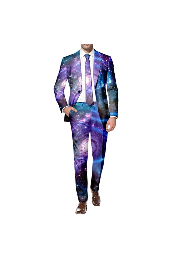 Mens 2 Peice Suit Set Casual Dress Suit for Men Galaxy Graphic Long Sleeve Blazer Pants Elegant Slim Fit Party Wedding Business Set