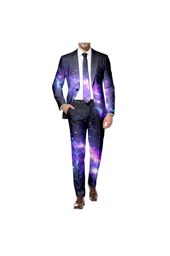 Mens 2 Peice Suit Set Casual Dress Suit for Men Galaxy Graphic Long Sleeve Blazer Pants Elegant Slim Fit Party Wedding Business Set