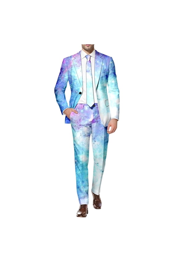 Mens 2 Peice Suit Set Casual Dress Suit for Men Galaxy Graphic Long Sleeve Blazer Pants Elegant Slim Fit Party Wedding Business Set
