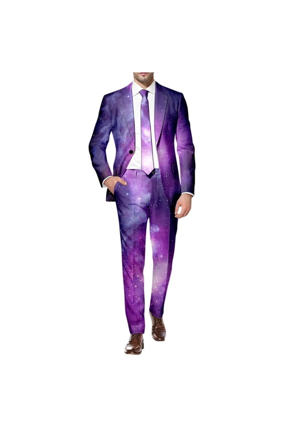Mens 2 Peice Suit Set Casual Dress Suit for Men Galaxy Graphic Long Sleeve Blazer Pants Elegant Slim Fit Party Wedding Business Set