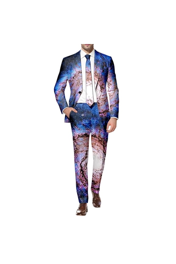 Mens 2 Peice Suit Set Casual Dress Suit for Men Galaxy Graphic Long Sleeve Blazer Pants Elegant Slim Fit Party Wedding Business Set