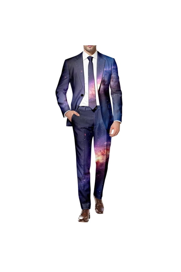 Mens 2 Peice Suit Set Casual Dress Suit for Men Galaxy Graphic Long Sleeve Blazer Pants Elegant Slim Fit Party Wedding Business Set