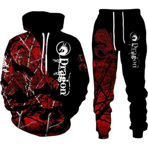 CONZONE Mens 2 Piece Sweatsuits Casual Men's Jogging Tracksuit Set Dragon Graphic Print Pullover Hoodie Pants Sweat Suit for Men Cozy Fall Winter Athletic Track Suit Outfits