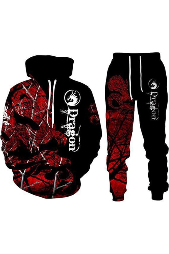 Mens 2 Piece Sweatsuits Casual Men's Jogging Tracksuit Set Dragon Graphic Print Pullover Hoodie Pants Sweat Suit for Men Cozy Fall Winter Athletic Track Suit Outfits