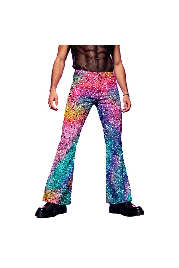 Mens 70S Disco Flared Pants Metallic Glitter Pants for Men Trendy Sparkly Colorful Sequins Graphic Night Club Performance Pant