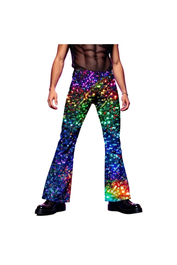 Mens 70S Disco Flared Pants Metallic Glitter Pants for Men Trendy Sparkly Colorful Sequins Graphic Night Club Performance Pant