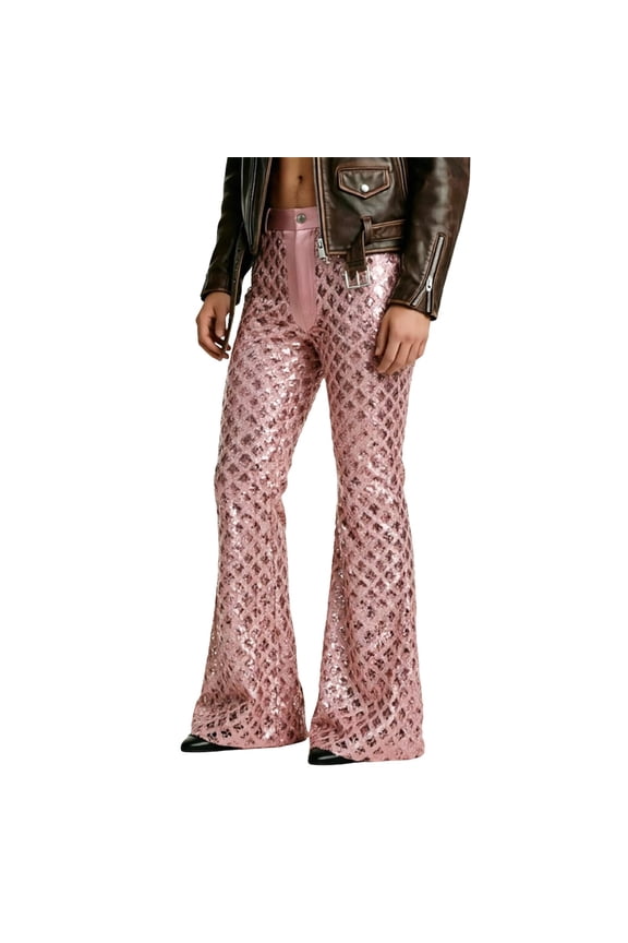 Mens 70S Disco Flared Pants Metallic Glitter Pants for Men Trendy Sparkly Sequins Stage Performance Bell Bottoms