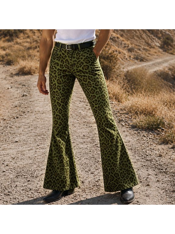 Mens 70s Disco Flared Pants Straight Leg Vintage Pants for Men Trendy Slim Fit Leopard Graphic Bell Bottom With Pockets